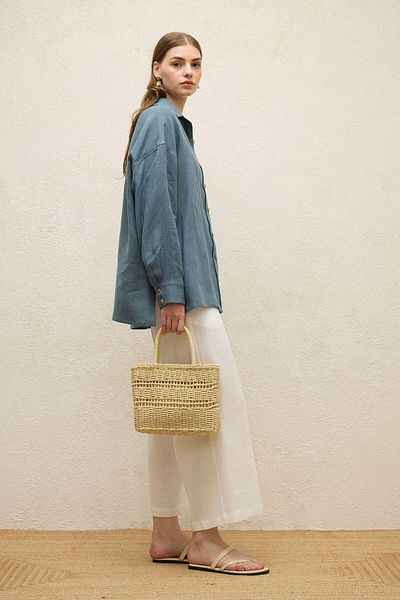Manuka Beigefarbene Mini-Tasche – Doppelriemen aus Stroh