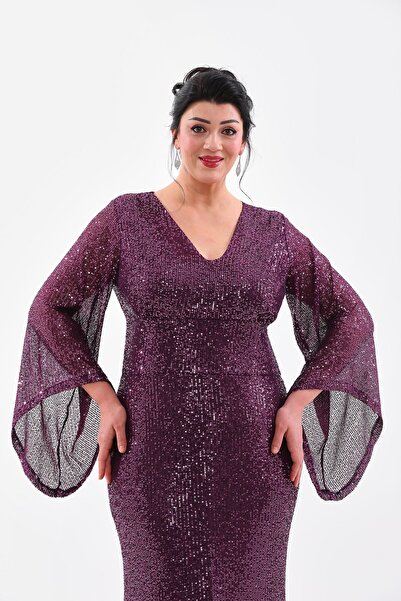 IŞILTI BÜYÜK BEDEN فستان سهرة لامع باللون الأرجواني مزين بالترتر على شكل سمكة، فستان سهرة طويل مرن