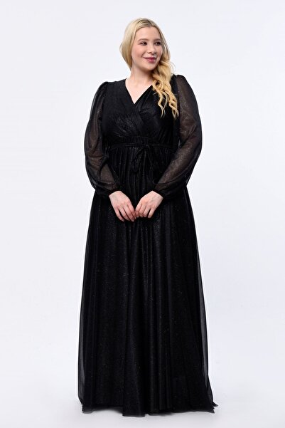 KIRIŞIK Işıltı Simli Tül Kruvaze Yaka Dökümlü Beli Kuşaklı Esnek Büyük Beden Uzun Şık Abiye Elbise 3047