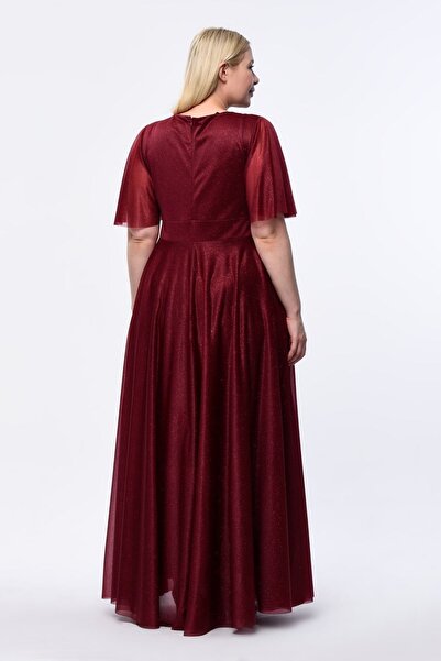 Genel Markalar Işıltı Büyük Beden Simli Tül Esnek Kruvaze Yaka Volan Kol Uzun Büyük Beden Şık Abiye Elbise 3051