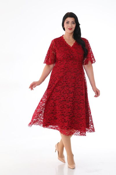 KIRIŞIK Rochie midi pentru femei, cu decolteu dublu, cu jumătate de mânecă, din dantelă
