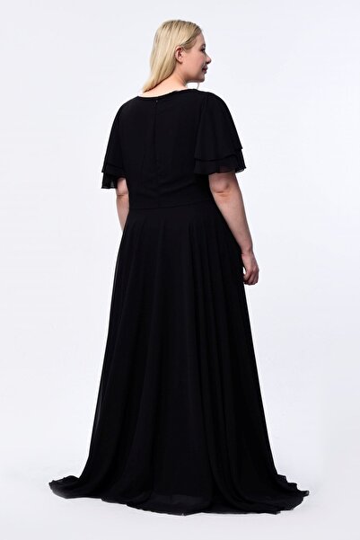 KIRIŞIK Işıltı Şifon Beli Işlemeli Robası Pileli Dökümlü Şık Büyük Beden Uzun Abiye Elbise 3045