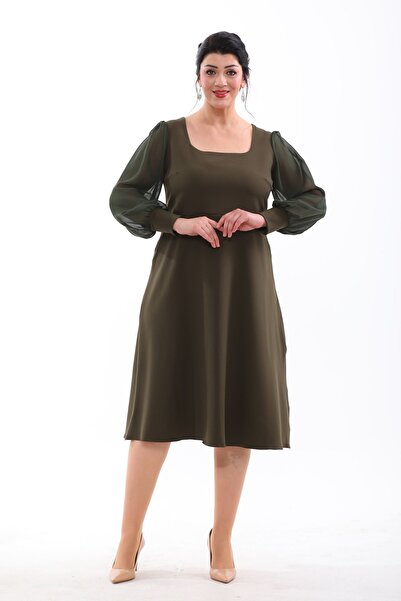 IŞILTI Flexible Chiffon Square Collar Midi Length Plus Size Evening Dress - 3087