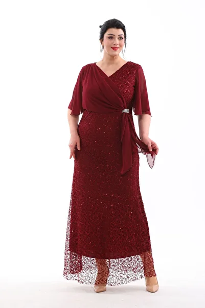 IŞILTI Balik Model Short Sleeve Chiffon Detailed Plus Size Evening Dress - 3099