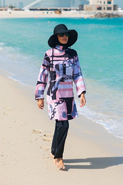 Marina Zincir Desenli Siyah Tam Kapalı Tesettür Mayo M2315-1