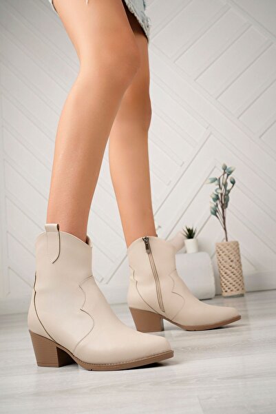 camaiore Kadın Bej Deri Western Sivri Burunlu Bot Kovboy