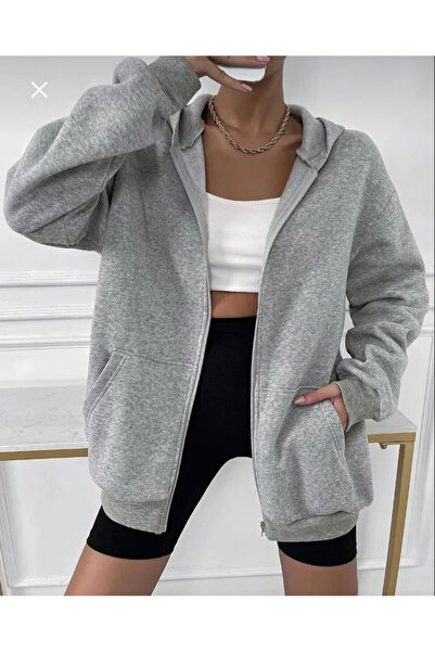 ROYAL FASHİON Unisex Oversize Gri Kapüşonlu Fermuarlı Sweatshirt