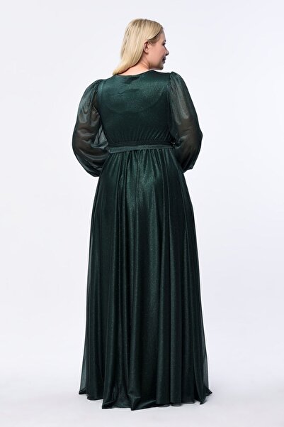 KIRIŞIK Işıltı Simli Tül Kruvaze Yaka Dökümlü Beli Kuşaklı Esnek Büyük Beden Uzun Şık Abiye Elbise 3047