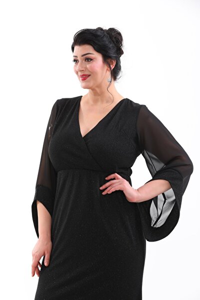 IŞILTI ABİYE ESNEK SİMLİ ASİMMETRİK KOL BALIK KALIP UZUN BÜYÜK BEDEN ABİYE ELBİSE 3088