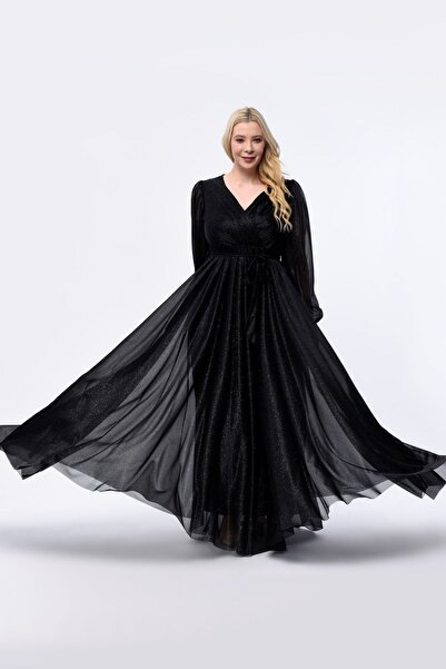 KIRIŞIK Işıltı Simli Tül Kruvaze Yaka Dökümlü Beli Kuşaklı Esnek Büyük Beden Uzun Şık Abiye Elbise 3047