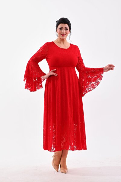 IŞILTI Lace Round Neck Valon Sleeve Plus Size SBiyie Dress 3103 - Kişos Plus Size Evening Dress