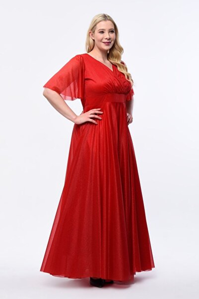 KIRIŞIK Stretchy Tulle and Glitter Detailed Double Breasted Collar Plus Size Evening Dress 3051