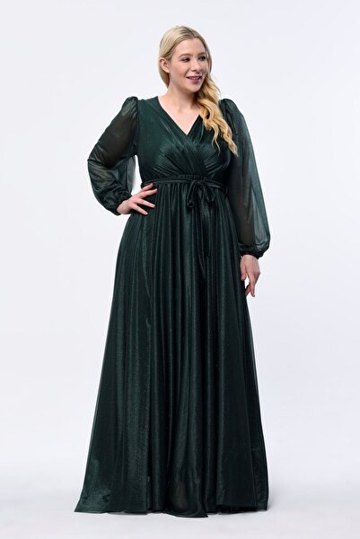 KIRIŞIK Işıltı Simli Tül Kruvaze Yaka Dökümlü Beli Kuşaklı Esnek Büyük Beden Uzun Şık Abiye Elbise 3047