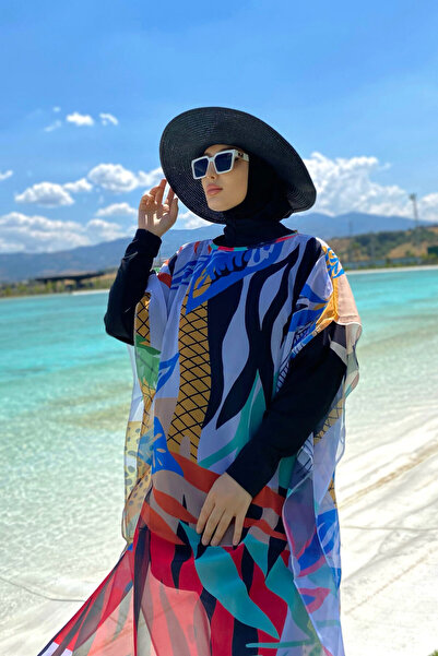 Marina Floral Patterned Kaftan Kimono Pareo on Hijab Swimsuit P2102