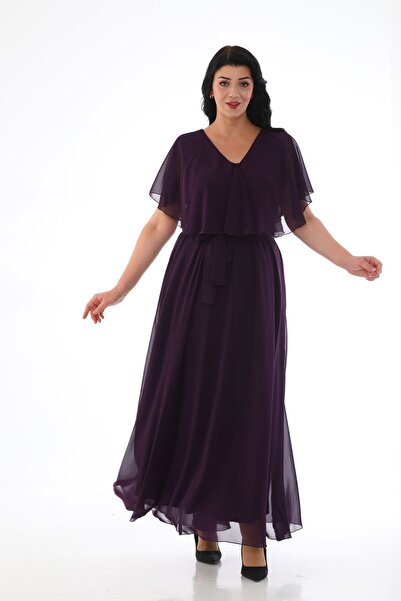 KIRIŞIK فستان سهرة أنيق كبير الحجم برقبة على شكل حرف V مع كيب - شيفون لامع 3065