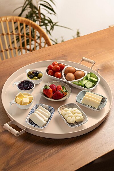 Doreline صينية تقديم كريم معدنية مقاس 51 سم - مقبض خشبي، صينية تقديم وإفطار