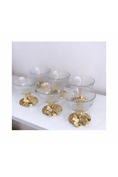 Elzem 6 Lı Gold Ayaklı Cam Şekerlik Çerezlik Sunumluk Kelebekli Model Baharatlık
