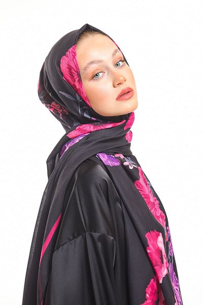 19V69 ITALIA Black Lilac Pink Shawl Floral Pattern Pavia Series with Scarf Hanger and Gift Set 90x200 Cm