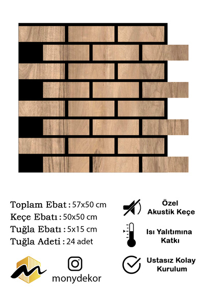Mony Tasarım Tuğla Akustik Duvar Paneli - Meşe Model 6 mm
