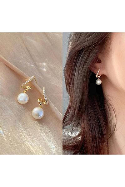 HOBİSY GIFT SHOP Pearl and Leaf Design Anti-Allergic Eye-Catching Steel Earrings