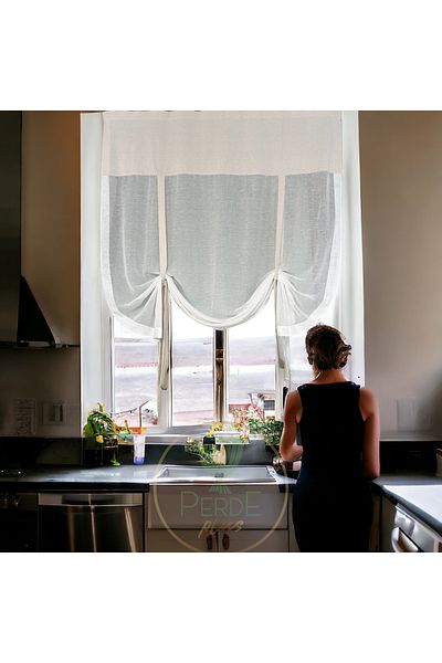 Perdeplus Rustic and Cornice Compatible - Natural Linen Tulle Curtain,RetroTie Detailed Design