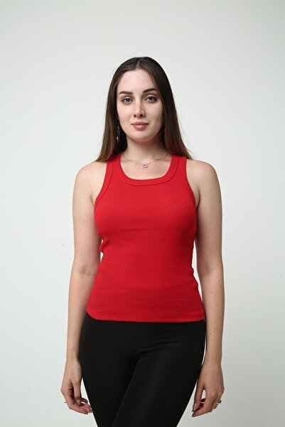 VAN SCHENDEL Kadın Kırmızı Fitilli Halter Yaka Örme Atlet - Günlük Kullanım I...