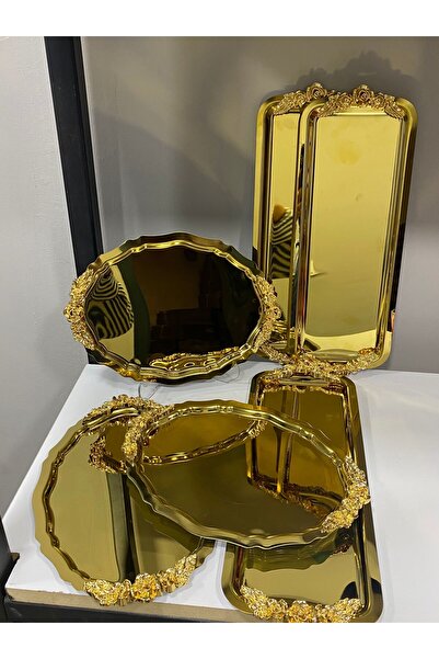Elzemm store GOLD RENK 3 ADET OVAL 3 ADET DİKDÖRTGEN KULPLU MODEL SERVİS VE SUNUM TEPSİSİ