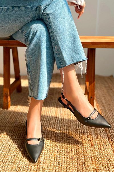 POLKA STORE Sole Pointed Toe Single Strap Buckle Black Matte Leather Heeled Women's Shoes