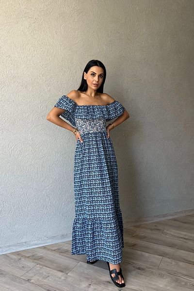 Seda Yalçın Atelier Madonna Collar Dark Blue Patterned Gimped Dress
