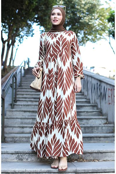 sefamerve 81880-03 Model Patterned Brown Viscose Dress