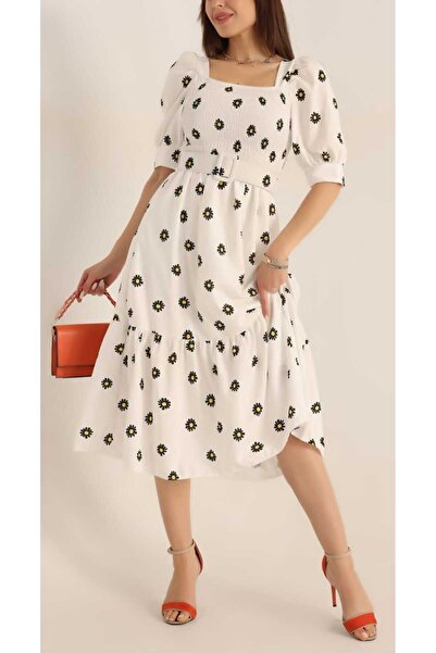 GM Butikk Beyaz viskon gipeli papatya desenli kemerli midi boy elbise
