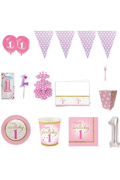 Hayaller Dükkanı 1 Year Old 8 People's Concept Birthday Ornaments with Golden Stars - Twinkle Birthday - Pink