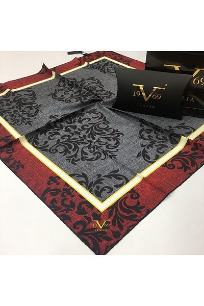 19V69 ITALIA Red Gray Twill Scarf Black Series 90x90 Cm With Scarf Hanger and Gift Set