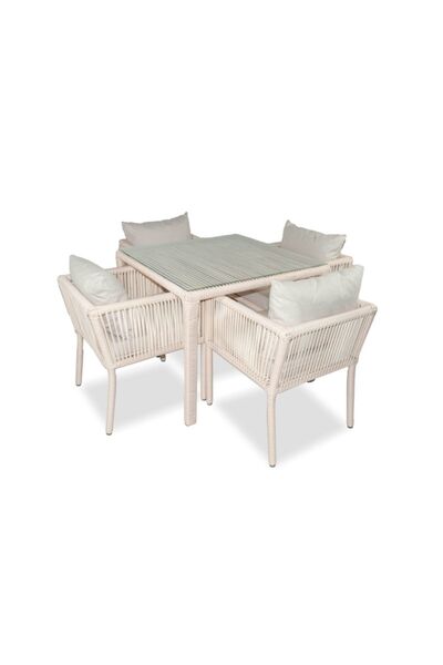 VAVRATTAN Vera Kare Rattan Bahçe Balkon 4 Kişilik Yemek Takımı-kum