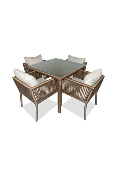 VAVRATTAN Vera Kare Rattan Bahçe Balkon 4 Kişilik Yemek Takımı-küf