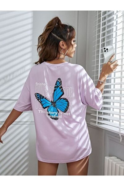 NO 601 Лилава тениска с голям размер - Дамска, с щампа на пеперуда на гърба