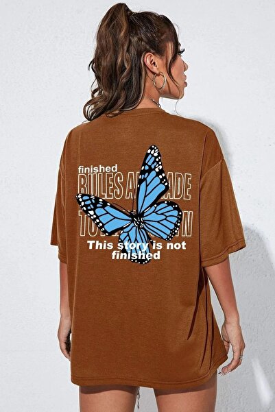 NO 601 Καφέ Oversize Γυναικείο T-Shirt - Back Butterfly Printed