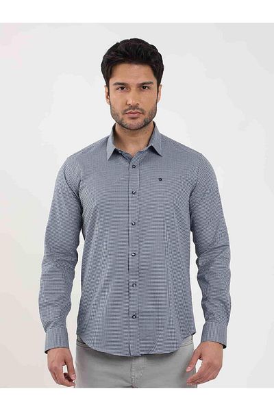 Dufy Men's Slim Fit Blue Shirt - Brent Collar, Long Sleeve, Patterned -102529