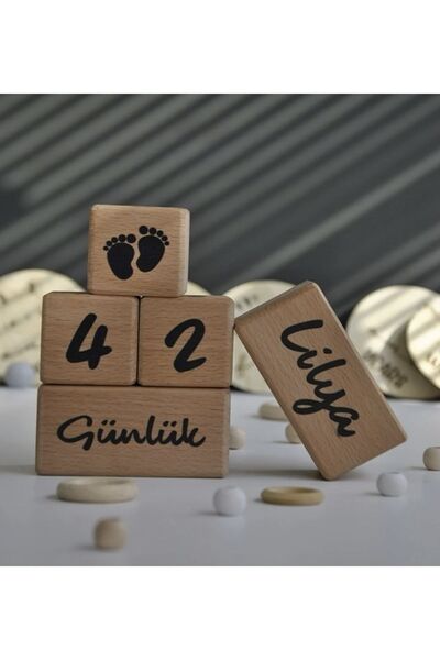 ENCİVA Isimli Bebek Anne Anı Küpü Dekor Türkçe 5’li Set Isimli Ahşap Bebek Anı Küpüleri