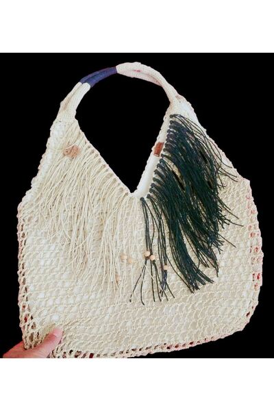 Handmade Geantă de plajă Hasir de 80 cm - realizată manual cu ciucuri și margele