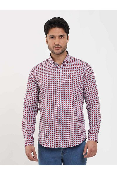 Dufy Men's Red Slim Fit Polka Dot Shirt - Brent Collar, Long Sleeve -104344