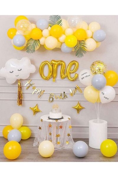asöy 1 Year Old Birthday Set Balloon Stand One Foil Balloon Cloud Balloon Star Balloon