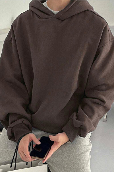 North London Erkek Üç İplik Kapüşonlu Üç İplik Şardonlu Kahverengi Sweatshirt