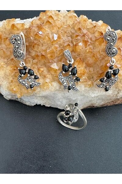 Aysesa Otantik Oniks Taşlı Kadın Gümüş Set Takım (2KÜPE KOLYE YÜZÜK) 925 Ayar...