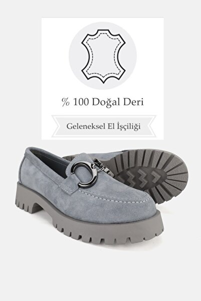 TUNAELLİ KADIN GRİ SÜET HAKİKİ DOĞAL DERİ 36-41 NUMARA TOKALI LOAFER AYAKKABI