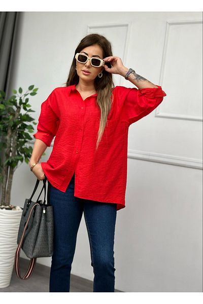 HARMONY GLOBAL Red LinenOversizeShirt - Long and Pleated Back, Loose Fabric 5042