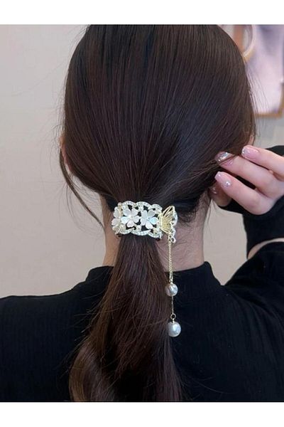 miatamer Agrafă de păr elegantă cu perle artificiale și decor floral Accesoriu de Anul Nou, cadou de Crăciun