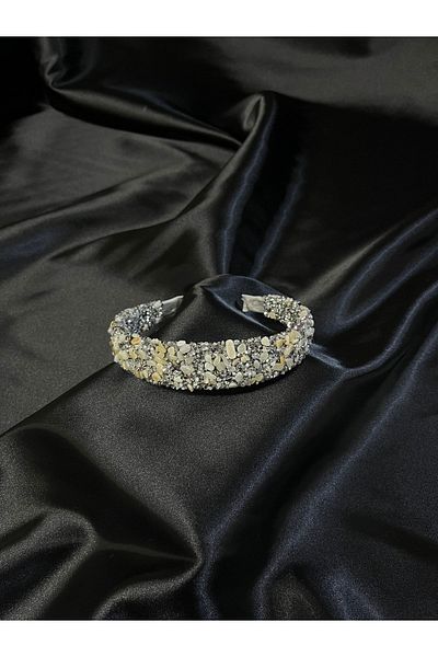 MegssStore Корона/лента за коса от сиво-бял естествен камък