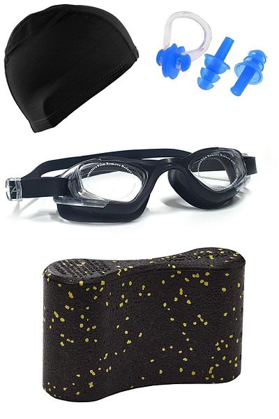 Tosima Adult Silicone Swimming Goggles Lycra Bonnet Earplug Nose Clip And Pull Buoy Set Full Set