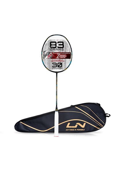 Li-Ning مضرب تنس Turbo Charger Z Boost Strung من ألياف الكربون مع غطاء كامل مجاني، أزرق داكن/فضي